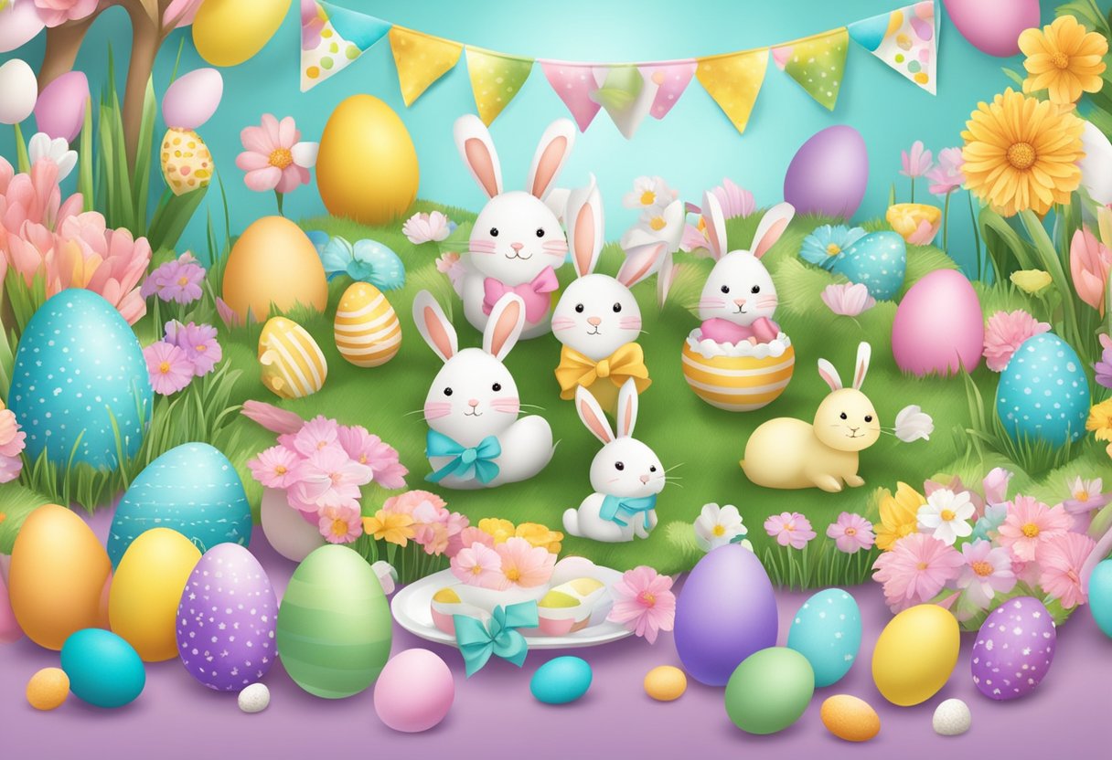 250+ Easter Party Names (Themed, Kids, Adults, Foods) 4 Colorful eggs, bunnies, and spring flowers surround a festive "Crafting the Perfect Easter Party" banner. Tables are adorned with pastel decorations and treats